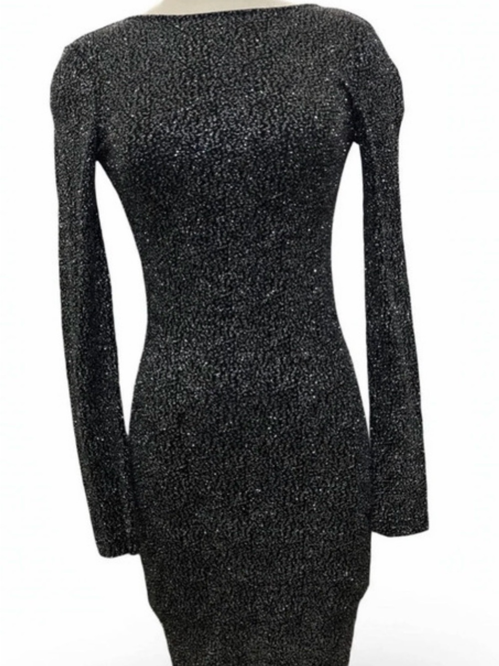 Long-Sleeve Black Glitter Bodycon Dress